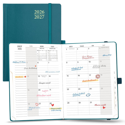 POPRUN Monthly Planner 2026-2027 (6.25" x 8.5"), 18-Month Calendar Book (Jul.26 - Dec.27), Academic Calendar Planner with Monthly Tabs, Inner Pocket, Hard Cover, 100GSM Paper - Pacific Green