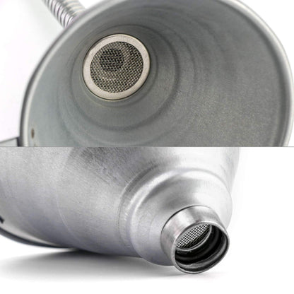 QWORK Spout Funnel with 14-9/16" Long Flexible Hose and Strainer, Steel Universal Priming Funnel for All Oils,Diesel Fuel and Other Liquids