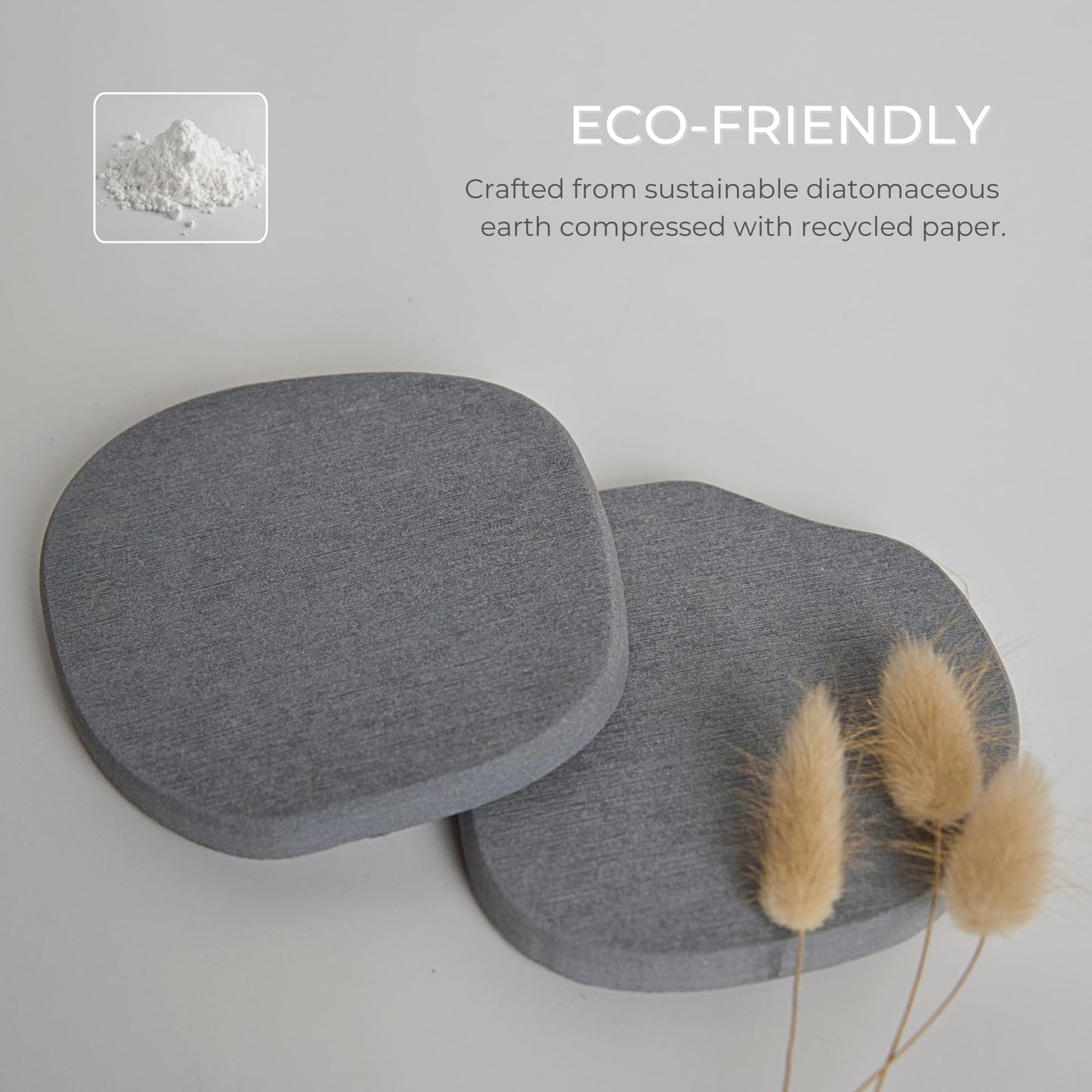 Natureva Home - Stone Coasters, Set of 6 | Super Absorbent, Quick Dry Diatomite Coaster for Drinks | Made of Natural Diatomaceous Earth | Absorbing Water Instantly | Unique Shapes | Colour Graphite