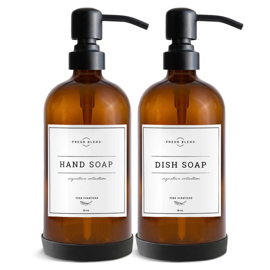 Vine Creations Amber Glass Soap Dispenser, 2 Pack Kitchen Soap Dispenser Set with Stainless Steel Pump, 16 oz Dish Soap and Hand Soap Dispensers for Bathroom with Waterproof Labels