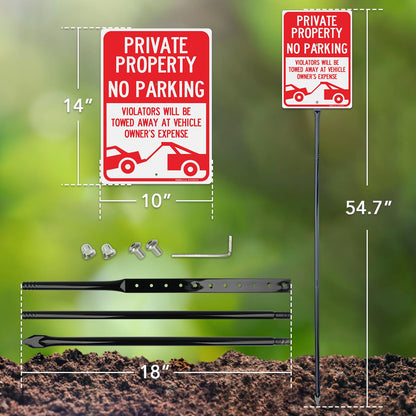 Faittoo Large Private Property No Parking Sign with 54" Metal Thick Stake, 14"x10" Vehicle Towed At Owner's Expense Rust Free Aluminum Sign, Reflective, Fade Resistant, Easy to Mount, Outdoor Use