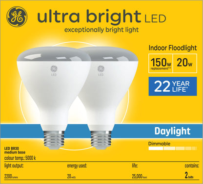 GE Ultra Bright LED 150 Watt Replacement, Daylight, BR30 Indoor Floodlight Bulbs (2 Pack)