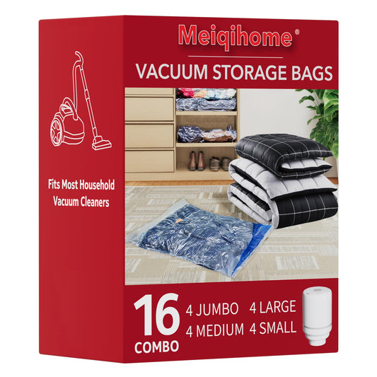 16 Pack Vacuum Storage Bags with Electric Air Pump,4 jumbo, 4 large, 4 midium, 4 small bags, Airtight Compression Bags for Clothes, Pillows, Comforters, Blankets, Bedding