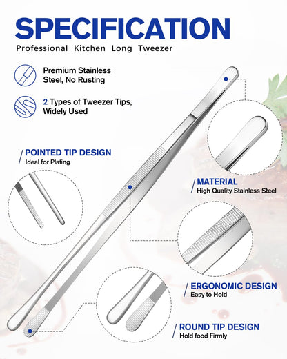 2 Pcs 12-Inch Kitchen Tweezers Fine Tweezer Tongs, Stainless Steel Professional Long Cooking Tweezers for BBQ, Sea Food, Repairing and Serving (Silver)