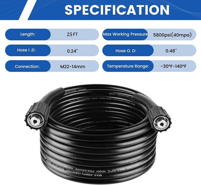 Pressure Washer Hose 25 FT×1/4", Kink Resistant Replacement Power Washer Hose, M22-14mm Female Thread, High Pressure Washer Extension Hose for Most Bands, 1500-2500 PSI
