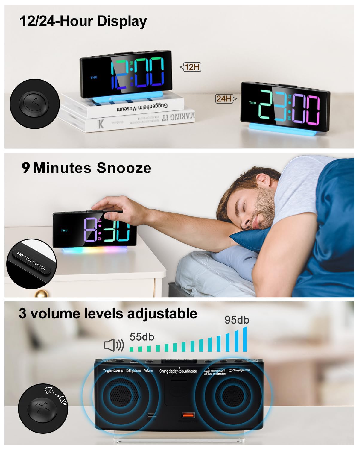 YUNJAYI Kids Alarm Clock for Bedroom, Dynamic RGB LED Digital Clock Large Display with 7 Color Night Lights, Dual Alarm Clocks Bedside, Snooze, 4 Levels Brightness, 3 Volume, 12/24H, Power-Off Memory