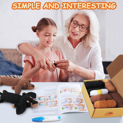 Crochet Kit for Beginners - 2 PCS Dachshund Crochet Kits with Step-by-Step Video Tutorials, Beginner Crochet Kit for Adults, Crochet Animal Kit for Kids, Dog Crocheting Set (Brown & Black)