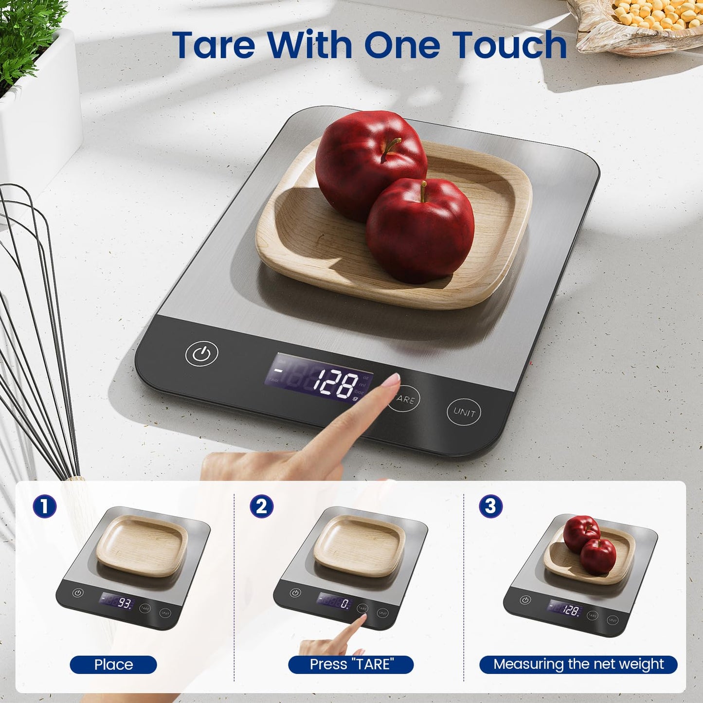 【Rechargeable & 33lb 】 Digital Kitchen Scale, USB C Electronic Kitchen Scale, 15 kg, High Precision 1 g/0.1 oz Food Scale, Professional with Hard Function, Batteries Included