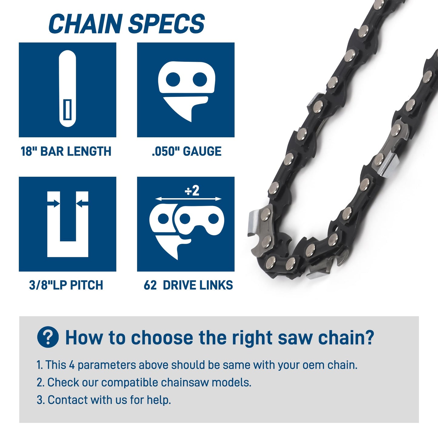 SawWorks 3-Pack 18 Inch Chainsaw Chain, 3/8" LP Pitch .050" Gauge 62 Drive Links Fits EGO CS1800, CS1804, Poulan Pro PR4218, 581562301, Oregon S62, CS1500, DEWALT and More