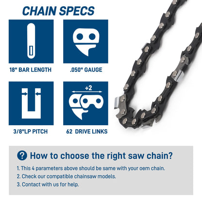SawWorks 3-Pack 18 Inch Chainsaw Chain, 3/8" LP Pitch .050" Gauge 62 Drive Links Fits EGO CS1800, CS1804, Poulan Pro PR4218, 581562301, Oregon S62, CS1500, DEWALT and More