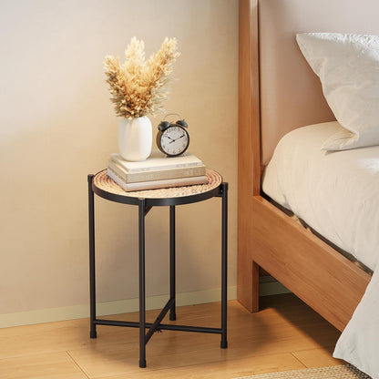 Bamworld Round Plant Stand Indoor Rattan Plant Pedestal Metal Modern Plant Table Shelf for Small Spaces Elegant Flower Holder for Patio Balcony Garden