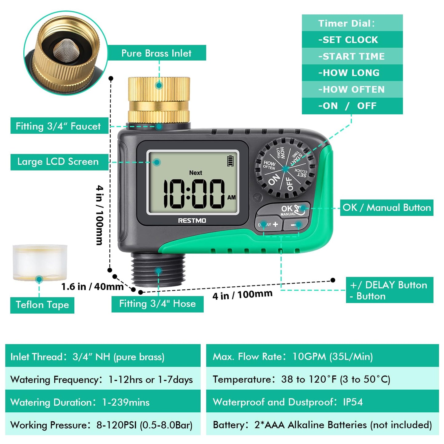 RESTMO Water Timer with Brass Inlet, Programmable Sprinkler Timer for Garden Hose, Automatic Digital Control | Manual ON/Off | Rain Delay, for Outdoor Faucet, Drip Irrigation and Lawn Watering System