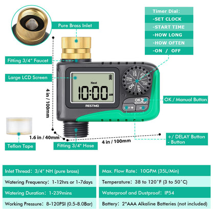 RESTMO Water Timer with Brass Inlet, Programmable Sprinkler Timer for Garden Hose, Automatic Digital Control | Manual ON/Off | Rain Delay, for Outdoor Faucet, Drip Irrigation and Lawn Watering System