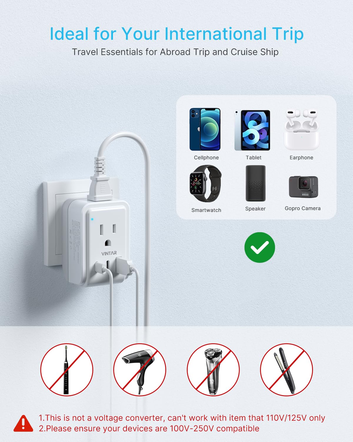 2 Pack European Travel Plug Adapter, VINTAR Foldable International Power Plug with 2 AC Outlets 3 USB Ports(2 USB C), Type C Travel Essentials Charger for Canada to Most of Europe Italy Spain France