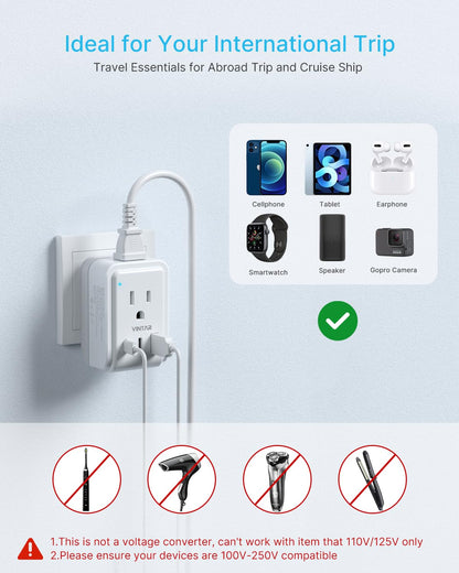 2 Pack European Travel Plug Adapter, VINTAR Foldable International Power Plug with 2 AC Outlets 3 USB Ports(2 USB C), Type C Travel Essentials Charger for Canada to Most of Europe Italy Spain France