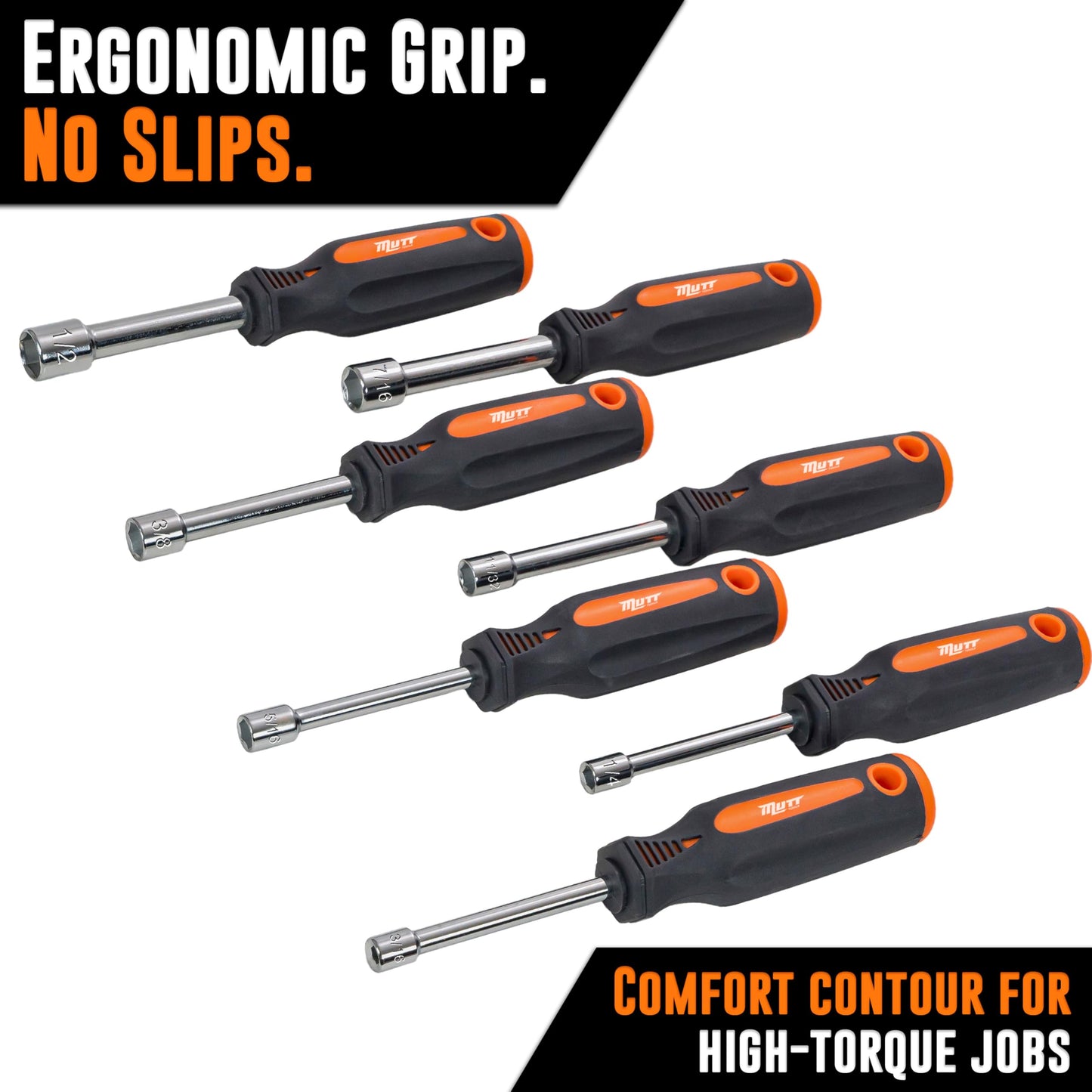 Mutt Tools Professional 7-Piece Hollow Nut Driver Set - 3" Deep Hollow Shaft Nut Driver Set with Pass Through Design - SAE and Metric Sizes - Deep Well Nut Drivers