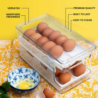 Rolling Egg Holder, Fridge Fresh 24 Egg Organizer with Lid for Refrigerator, Clear Egg Container Tray Stackable Dispenser and Egg Holder for Fridge, Egg Dispenser fridge Rolling With Egg Timer