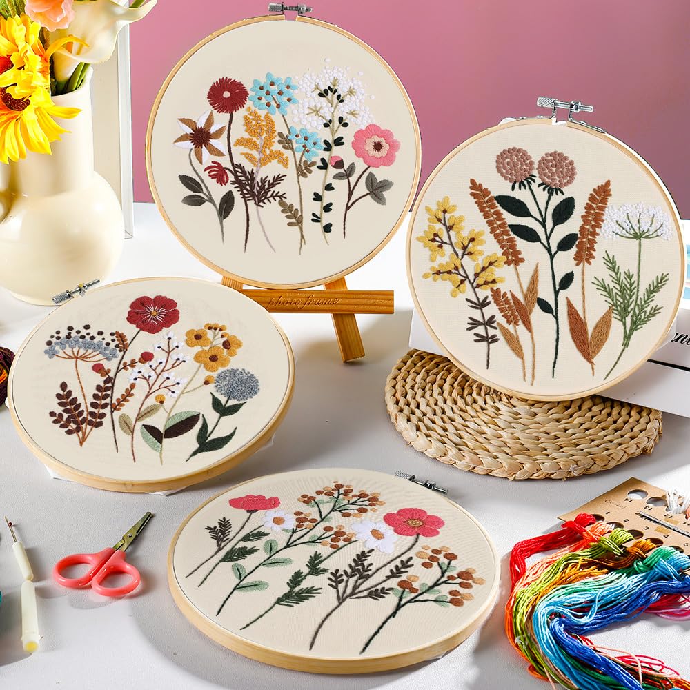 wtisan Embroidery Kit, 4 Sets Embroidery Kit for Beginners with Stamped Flower Pattern, Cross Stitch Starter Kits for Adults Hand Craft Lover with Embroidery Hoop, Instructions and Threads