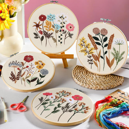 wtisan Embroidery Kit, 4 Sets Embroidery Kit for Beginners with Stamped Flower Pattern, Cross Stitch Starter Kits for Adults Hand Craft Lover with Embroidery Hoop, Instructions and Threads