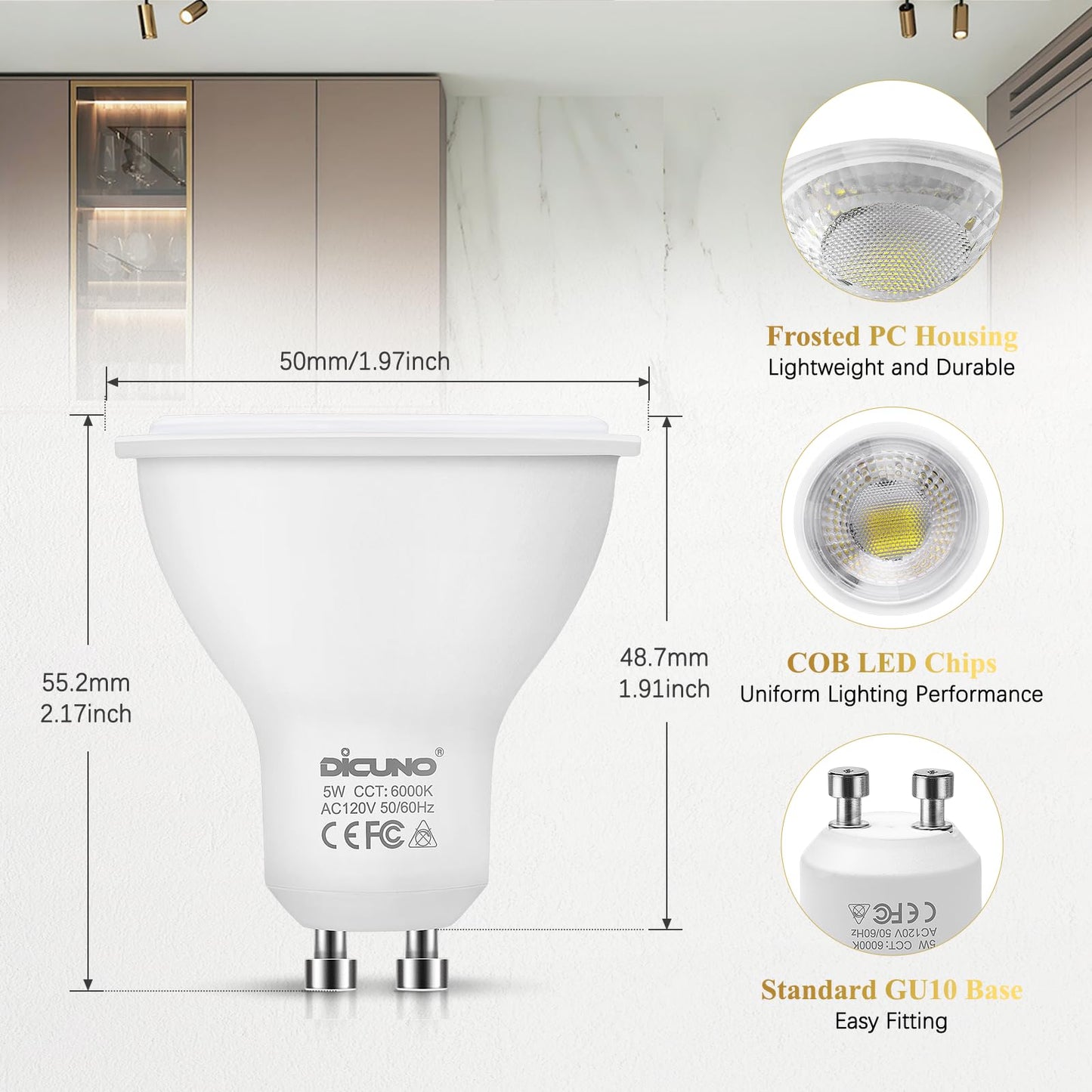 DiCUNO GU10 LED Bulbs, 6000K Daylight White, 5W (50W Equivalent) 500lm, Non-Dimmable MR16 Spotlight Bulbs, GU10 Base for Track & Recessed Lighting, 10-Pack