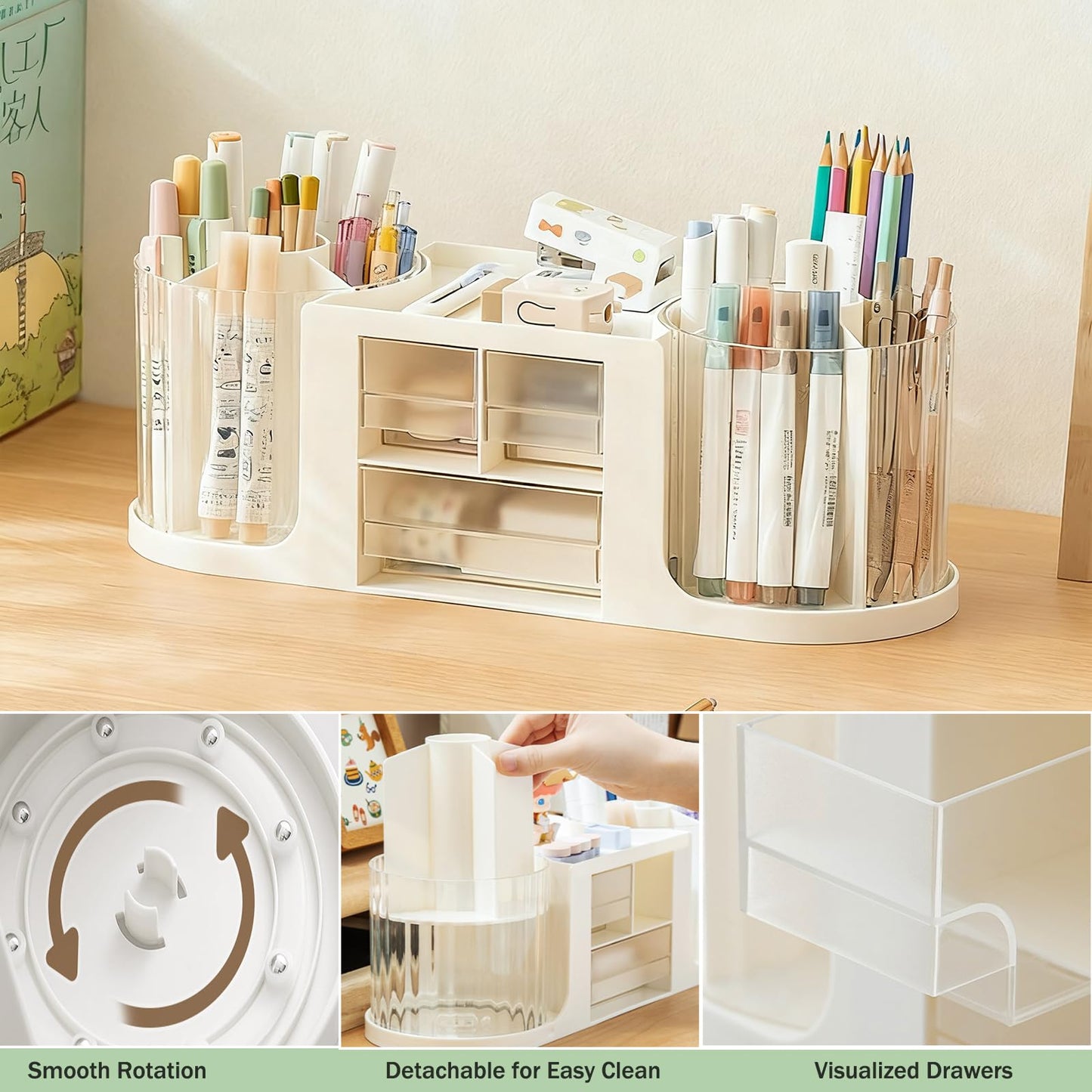 Desk Organizer with 360° Degree Rotating Pen Pencil Holder,Office Desk Organizers and Storage for Office School Home 10 Slots 3 Drawer Organizers 1 Top Storage Tray (White)
