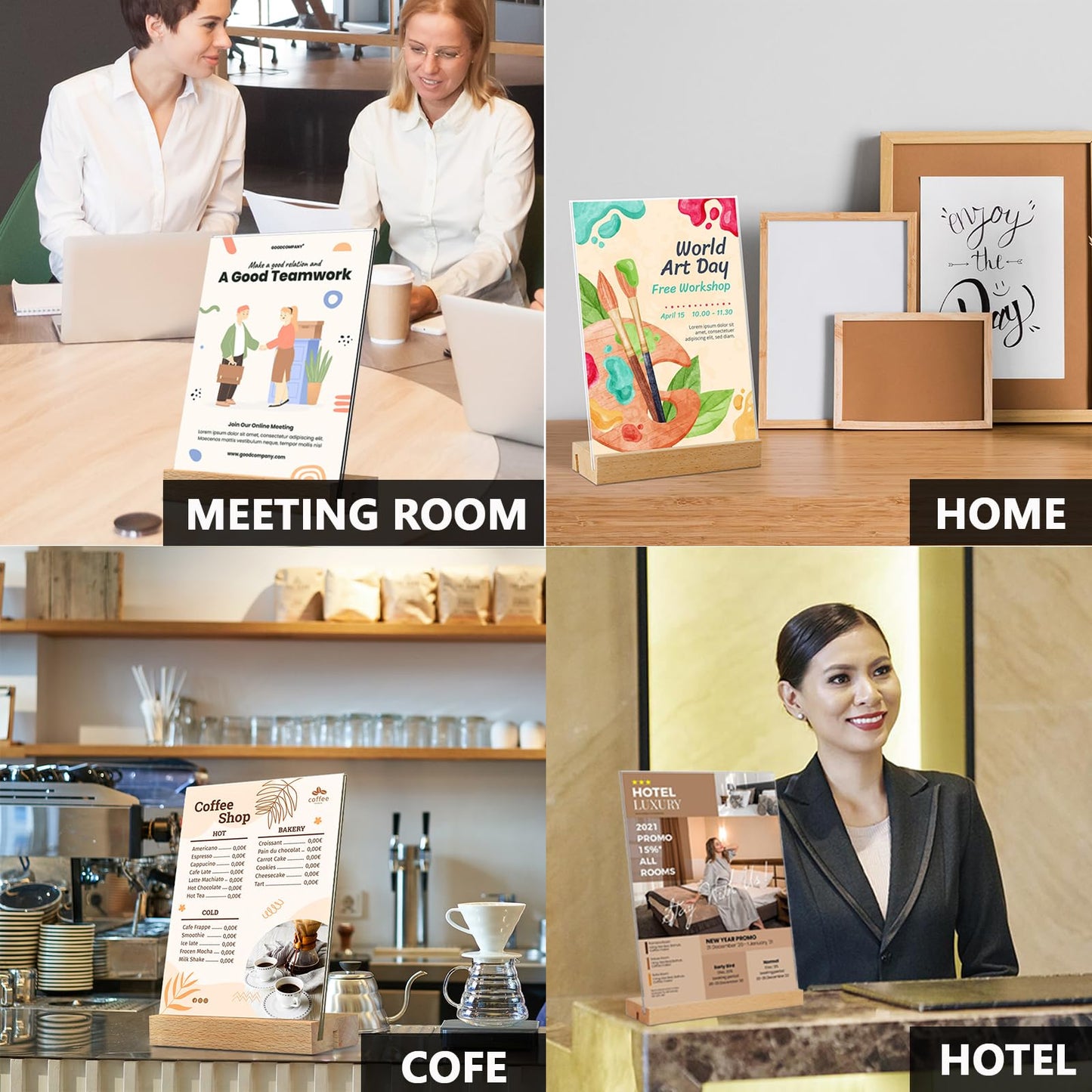 3 Pack Acrylic Sign Holder 8.5x11 with Wood Base L/T Shape 2 in 1 Acrylic Frame Wood Sign Holder Display Stand for Restaurant, Wedding, Office