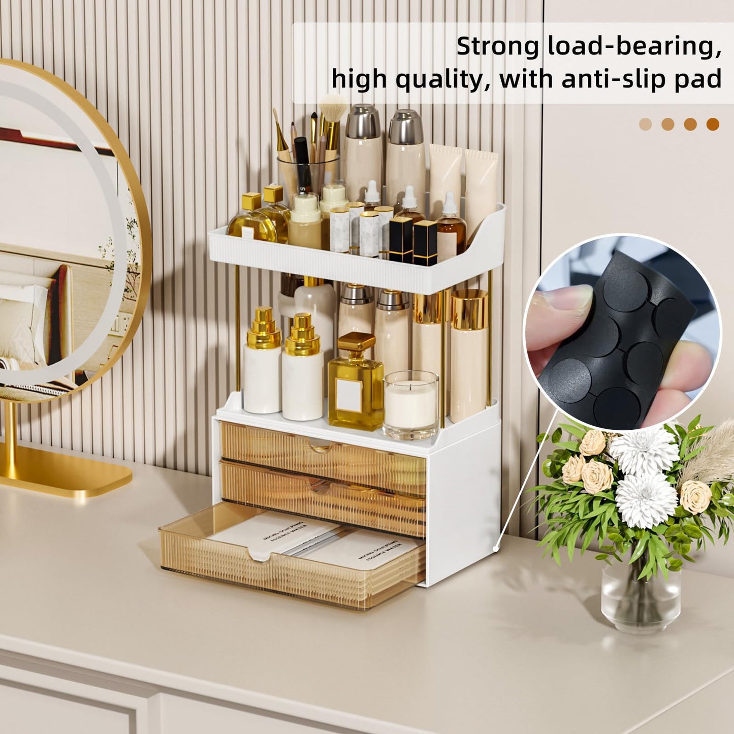 3 Drawers Makeup Organizer - 5 Tier Bathroom Organizers and Storage, Stackable Versatile Perfume Vanity Organizer, Ideal for Cosmetic, Large Skincare, Face Mask, Office Supplies, Amber