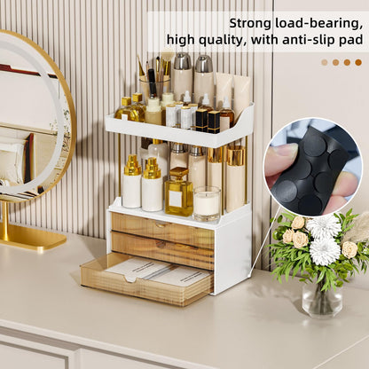 3 Drawers Makeup Organizer - 5 Tier Bathroom Organizers and Storage, Stackable Versatile Perfume Vanity Organizer, Ideal for Cosmetic, Large Skincare, Face Mask, Office Supplies, Amber