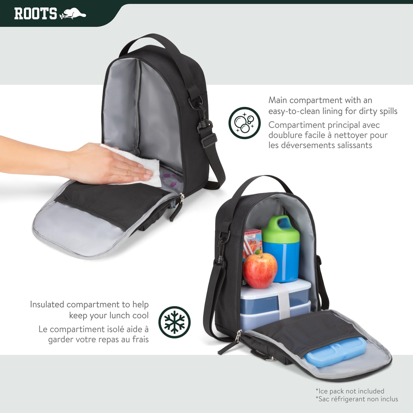 Roots Insulated Lunch Bag – Made from Recycled Polyester, with Exterior ID Label, Adjustable Shoulder Strap & 2 Zippered Compartments – 7L, Black