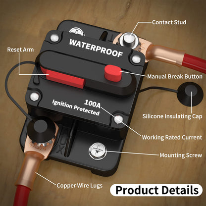 DaierTek 100 Amp Circuit Breaker 12V - 48V, DC 12 Volt Circuit Breaker 100A Inline with Manual Reset Waterproof for Marine Boat Trolling Automotive Car RV ATV Audio-2Pack