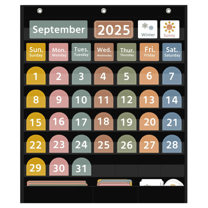 REGELETO Large Boho Calendar Pocket Chart with 96 Cards for Classroom, Size:32.25 x 24.125 inch Black Monthly Calendar and Weather Pocket Chart for Students Learning for Home or school.