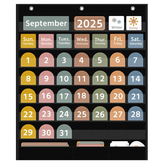 REGELETO Large Boho Calendar Pocket Chart with 96 Cards for Classroom, Size:32.25 x 24.125 inch Black Monthly Calendar and Weather Pocket Chart for Students Learning for Home or school.