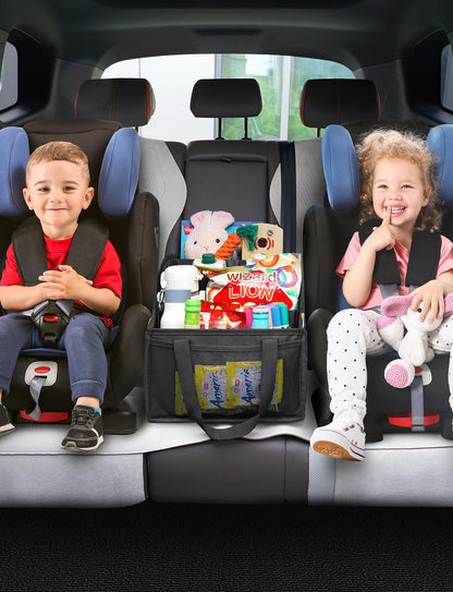 YOHOOLYO Car Seat Organizer for Front Back Seat Passenger Seat Organizer with Belt Car Organizer Between Backseat Collapsible Car Seat Storage Organizer with 4 Cup Holders Kids Adults Black