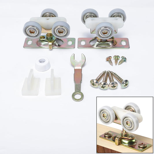 Sliding Pocket Door Hardware Top Hanger Rollers Wheels Assembly Fit Johnson Part #1125 & #1500 Hardware Kit, Wrench and Screws Include (2, Plating)