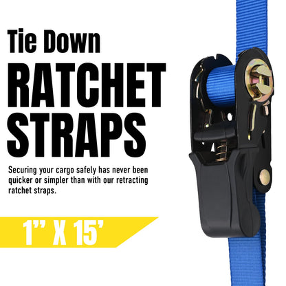 Stay There Ratchet Tie Down Straps 1'' x15', Ratchet Straps with S Hook - 1760lb Break Strength for Securing Motorcycle, Kayak, Truck with Rubber Handles, A Sturdy Bonus Bag & 4 Soft Loops Included