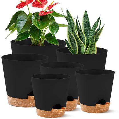 6 Pack Plant Pots Indoor 8/7/6.5/6/5.5/5 Inch Flower Pots Self Watering Planters for Indoor Plants with Drainage Hole Plastic Plant Pot for African Violet Cactus Flowers Succulents(Black)