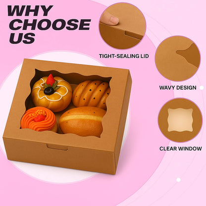 30 Pack Cake Boxes 6X6X3 Inch Small Pastry Box with Clear Window Kraft Cardboard Bakery Box with Stickers Perfect for Cake Treats Donuts,Chocolates,Candies Desserts