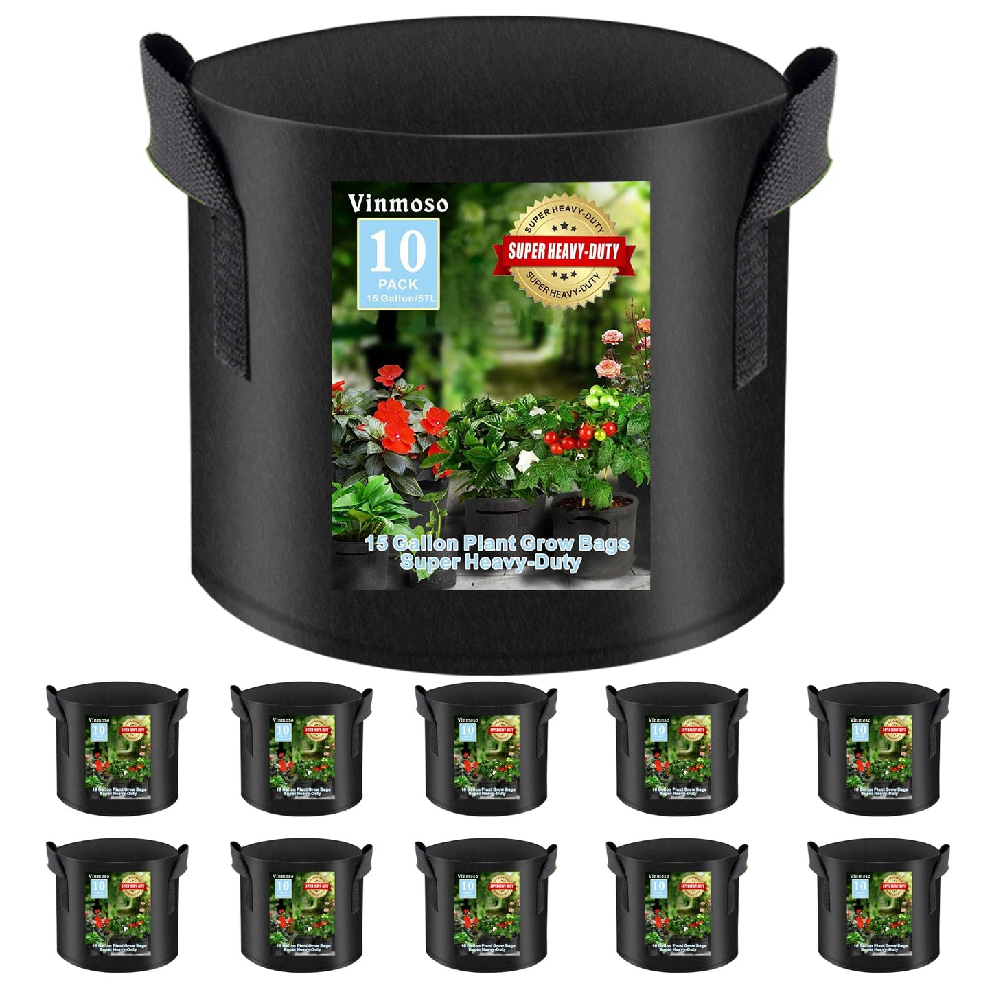 vinmoso 10 Pack Grow Bags 15 Gallon Heavy Duty Thickened Non-Woven Grow Bag with Handles Plant Grow Bags Planting Bags Plant Bags