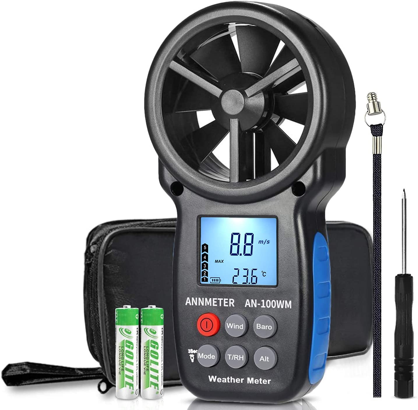 AIOMEST Handheld Wind Speed Chill Temperature Meter Tester, Digital Anemometer for Air Flow, Velocity, Air Pressure, Humidity Altimeter Gauge, AI-100WM