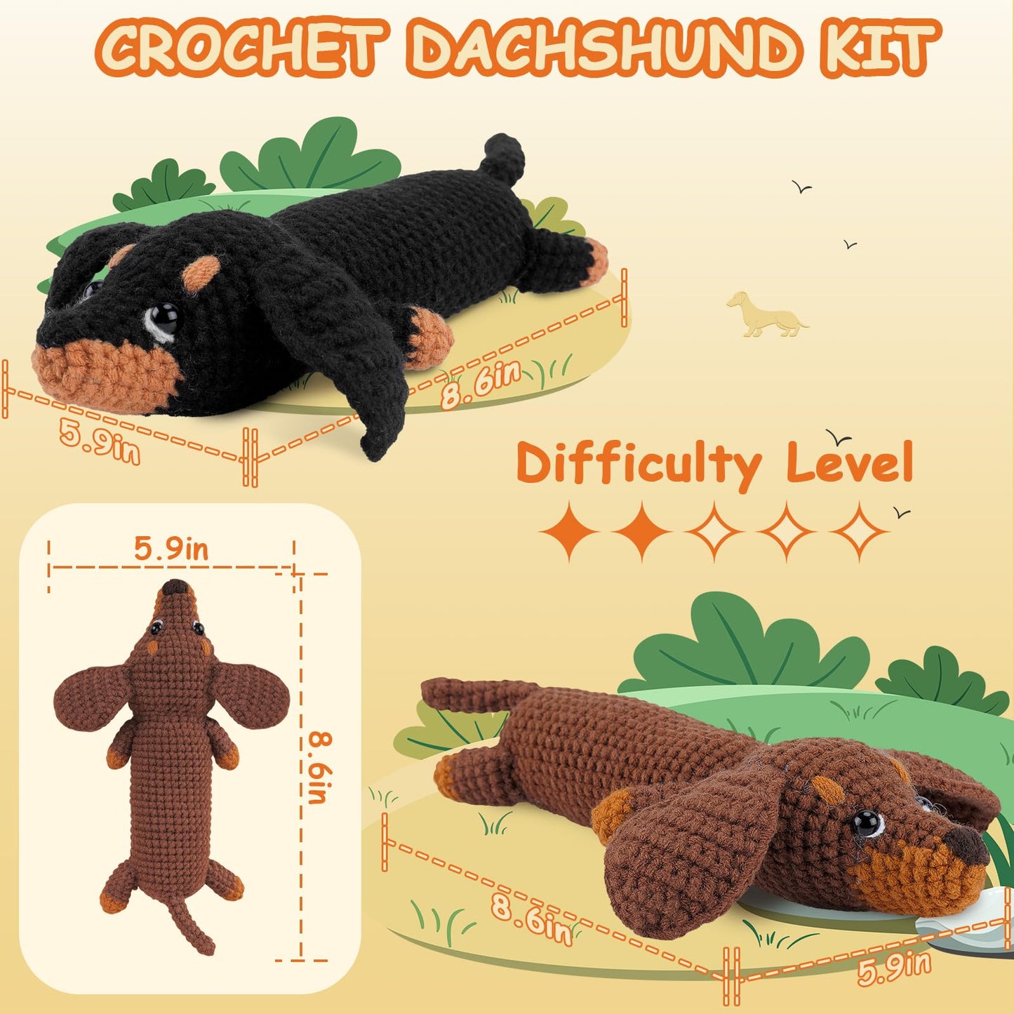 Crochet Kit for Beginners - 2 PCS Dachshund Crochet Kits with Step-by-Step Video Tutorials, Beginner Crochet Kit for Adults, Crochet Animal Kit for Kids, Dog Crocheting Set (Brown & Black)