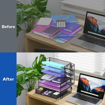 Reeplan 4 Tier Paper Organizer with File Holder and Pen Holder, 7 Tier Desk File Organizer, Desk Organizers and Accessories for Office Home School, Black