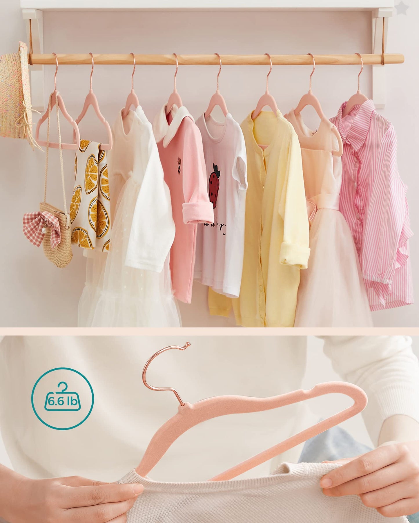 SONGMICS Baby Kids Hangers 50 Pack for Closet, 11.8 x 8.1 Inches, Rose Gold 360° Swivel Hooks, Space-Saving Clothes Velvet Hangers for Nursery, Non-Slip, Jelly Pink UCRF027P01