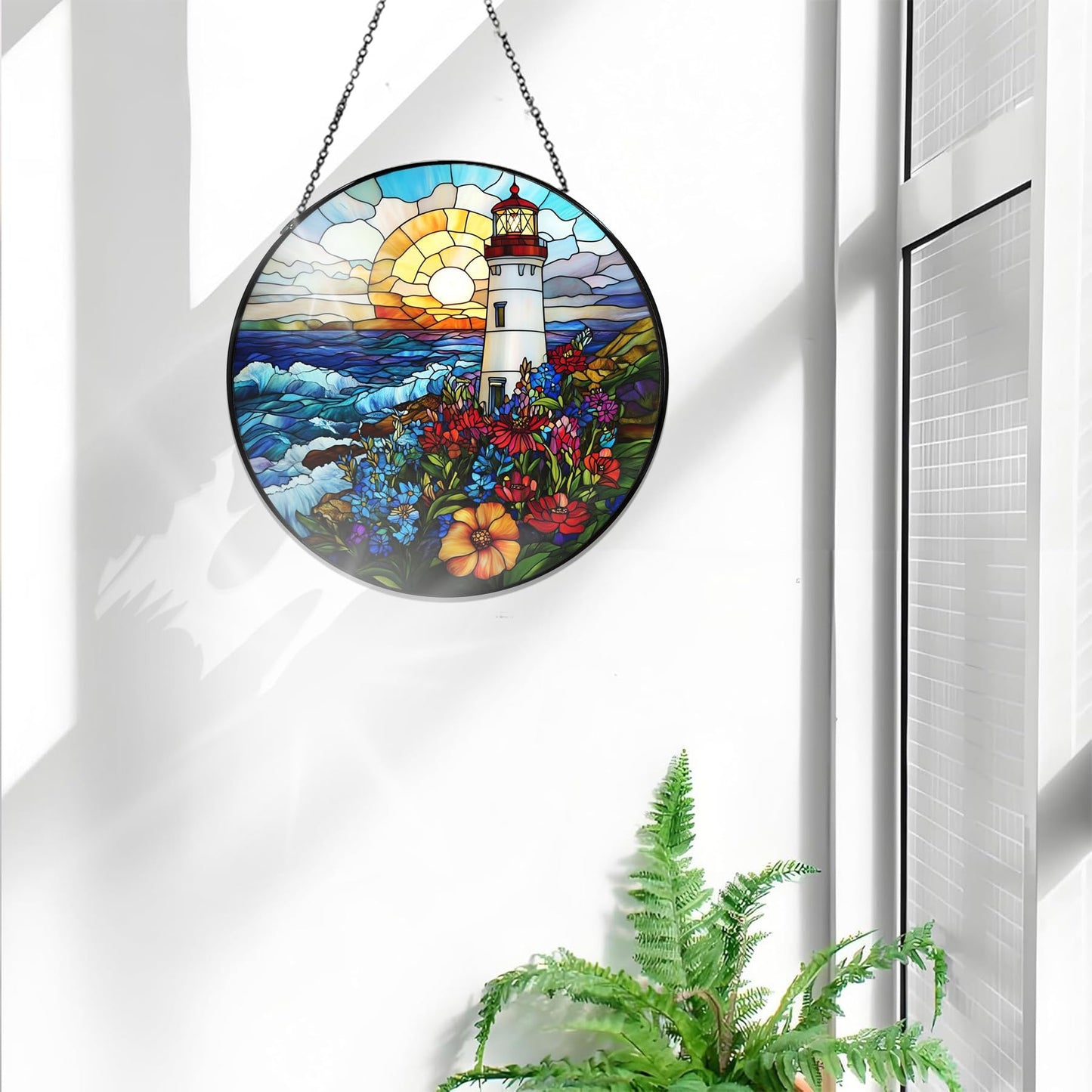 Bimkole Lighthouse Stained Glass Suncatcher Window Hanging - Landscapes Design for Indoor Window or Doorway Decoration - 7.87x7.87 inch with Chain and Hook - Unique Home Decor Gift