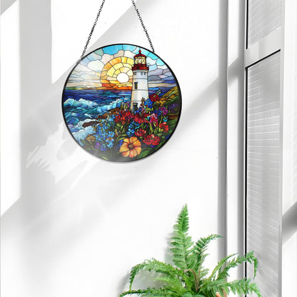 Bimkole Lighthouse Stained Glass Suncatcher Window Hanging - Landscapes Design for Indoor Window or Doorway Decoration - 7.87x7.87 inch with Chain and Hook - Unique Home Decor Gift
