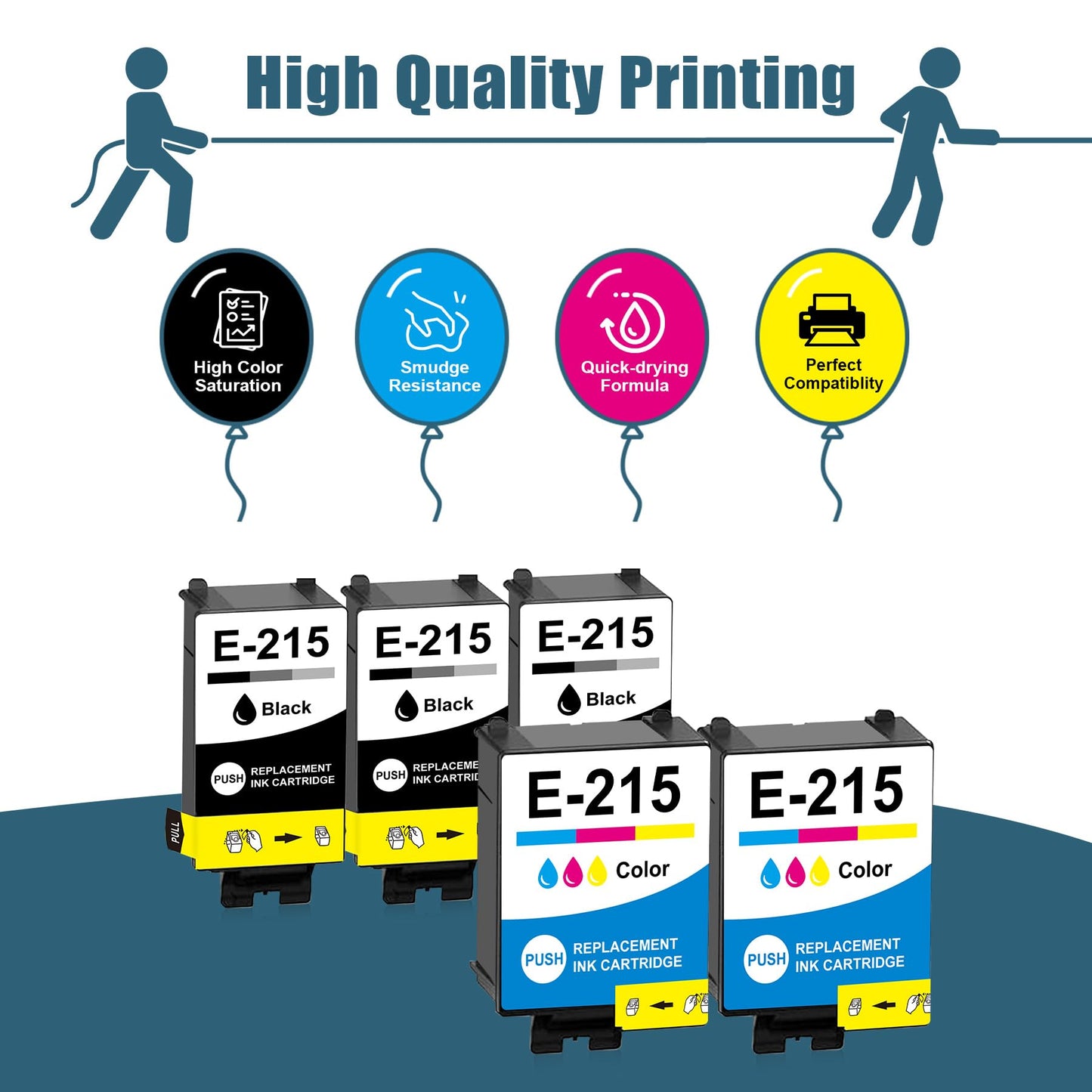 T215 215 Ink Cartridges Combo Pack Remanufactured Replacement for WF-100 WF-110 WF100 WF110 Printers (3 Black, 2 Tri-Color)