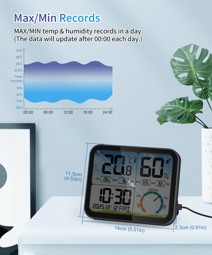 VOCOO Digital Indoor Room Thermometer - 5.8'' Extra Large Display Temperature Humidity Sensor with Accurate Temp Humidity Gauge Monitor, Calibration, Max & Min Records, Comfort, Backlit, Date & Clock