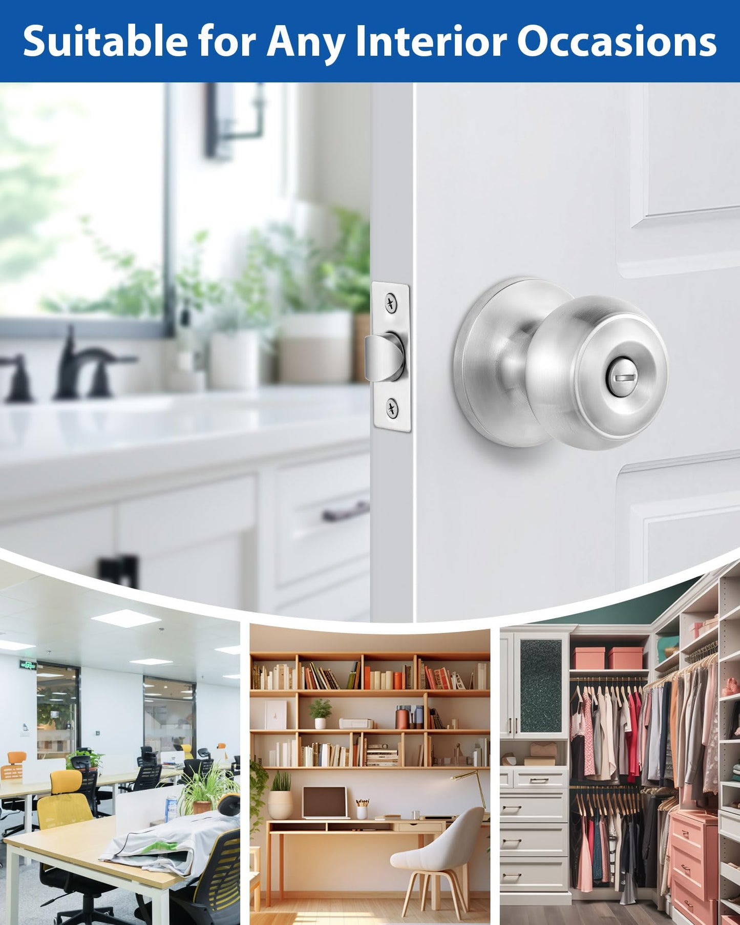 2 Pack Interior Door Knobs for Bedroom or Bathroom Keyless, Satin Stainless Steel Privacy Door Locks, Flat Ball Bath/Bed Door Locks by Lanwandeng