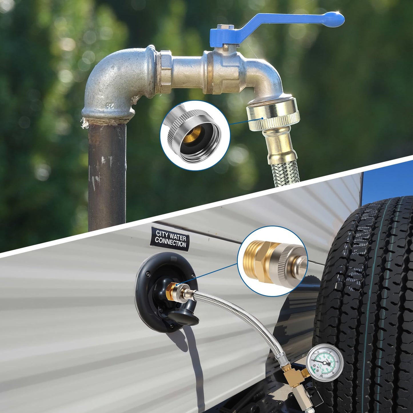 Watflow Air Compressor Water Blow Out Adapter with 100psi Pressure Gauge, with 1/4" Quick Connect Shut-Off Valve & 3/4" GHT Blow-Out Fitting Adapter, 304 SS Hose for Camper, Travel Trailer(12")
