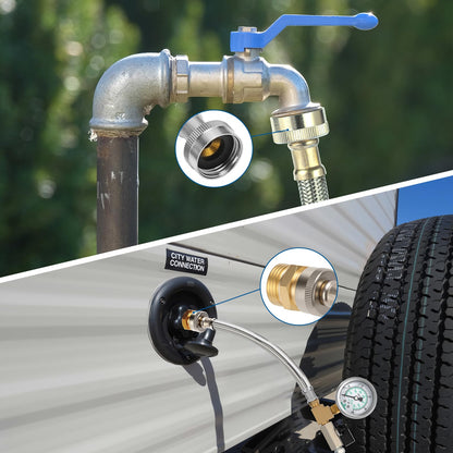 Watflow Air Compressor Water Blow Out Adapter with 100psi Pressure Gauge, with 1/4" Quick Connect Shut-Off Valve & 3/4" GHT Blow-Out Fitting Adapter, 304 SS Hose for Camper, Travel Trailer(12")