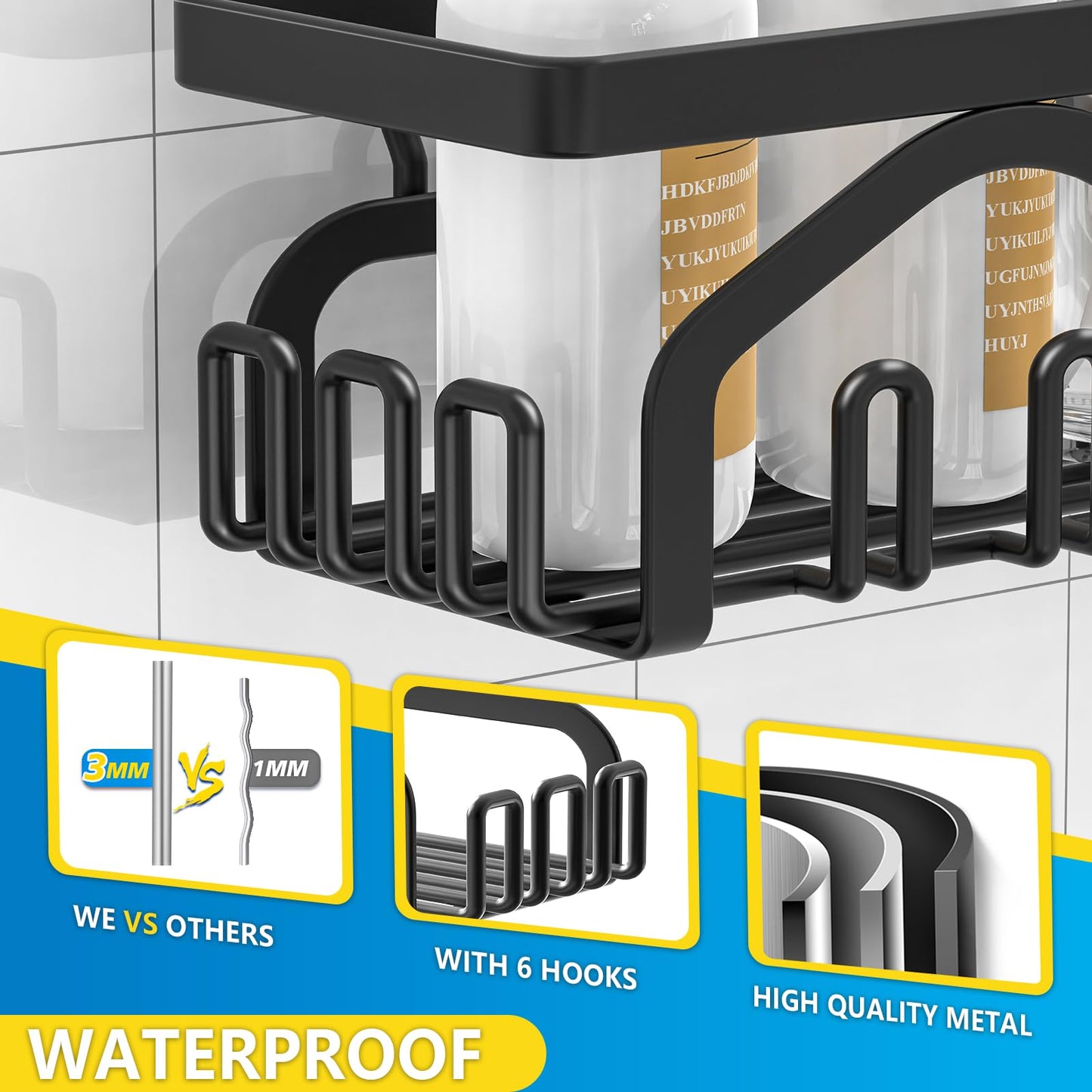 Coraje Adhesive Shower Caddy, 5-Pack Shower Shelves, Large Capacity Load Bearing 40 LBS Shower Organizer, No Drilling Shower Shelf, Rustproof Stainless Steel Bathroom Shower Storage, Black